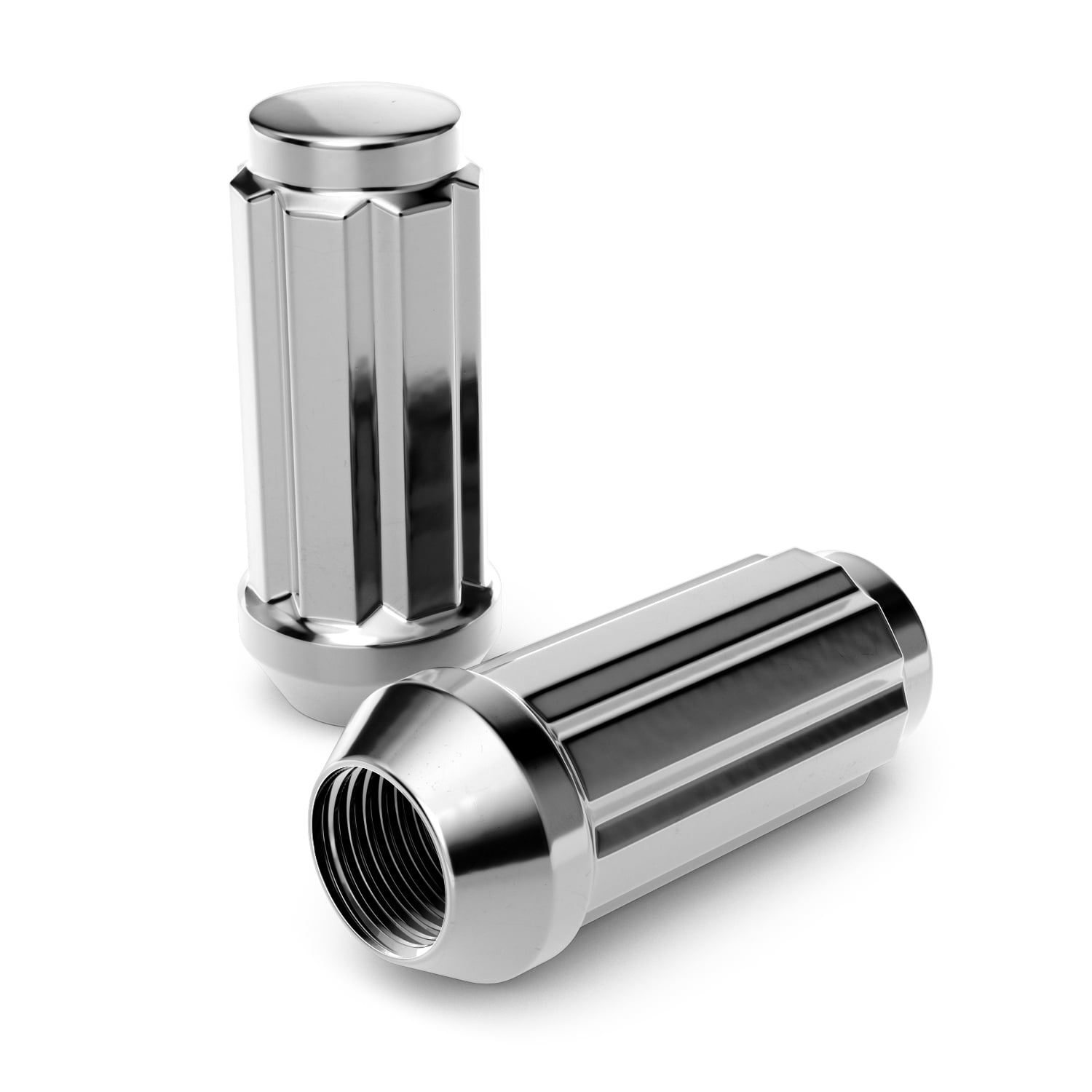 24pcs Silver Spline 14x1.5 Lug Nuts (51mm Length x 22mm Width) Bulge Cone Acorn Taper Seat - Includes 1 Socket Key Compatible with 2018+ Jeep Wrangler JL, Ford Chevy GMC Buick Cadillac