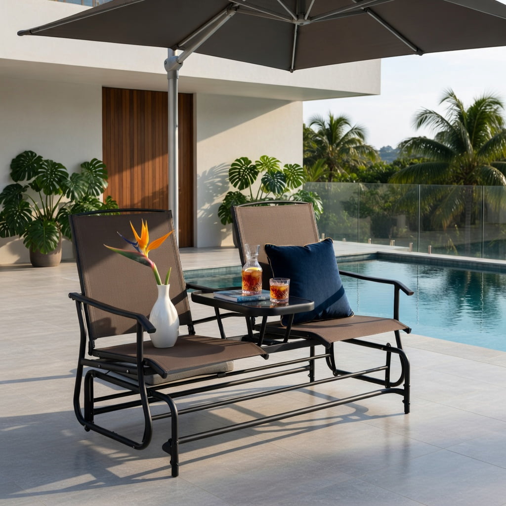 Hommoo 2-Person Outdoor Rocking Loveseat with Tempered Glass Center Table, Steel Frame Seating for Patio, Lawn & Garden, Brown