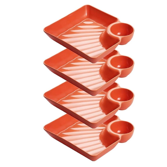 Yucurem 4 Pack Chip Dip Serving Platter Set, Plastic Dumpling Plates with Sauce Compartment, Square Serving Dish for Appetizer Sushi Taco Salsa Charcuterie (Orange)