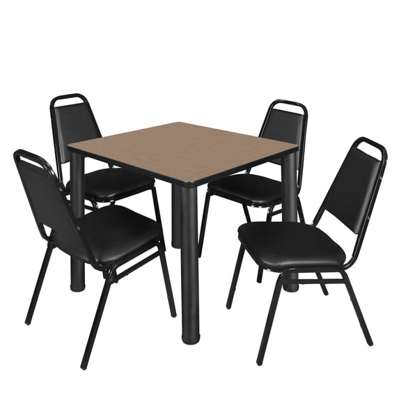 Trek 30" Square Breakroom Table- Noble Oak/ Black & 4 Restaurant Stack Chairs- Black