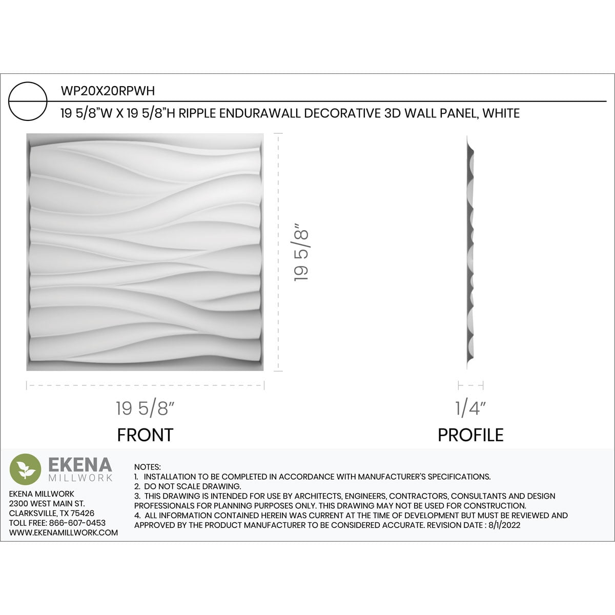 Ekena Millwork 19 5/8"W x 19 5/8"H Ripple EnduraWall Decorative 3D Wall Panel (12-Pack for 32.1 Sq. Ft.)