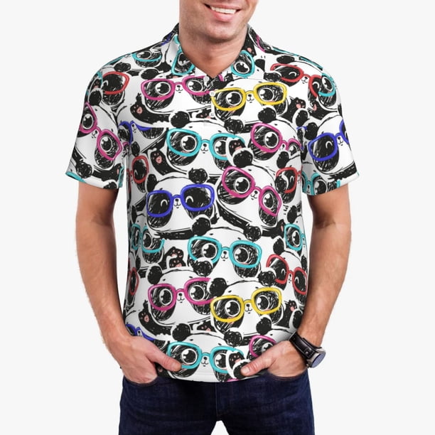 Balery Panda And Glasses Camisa Polo de Hombre con Estampado, de Manga Corta y Tejido Medio, Camisa Tipo Golf Polo-Medium