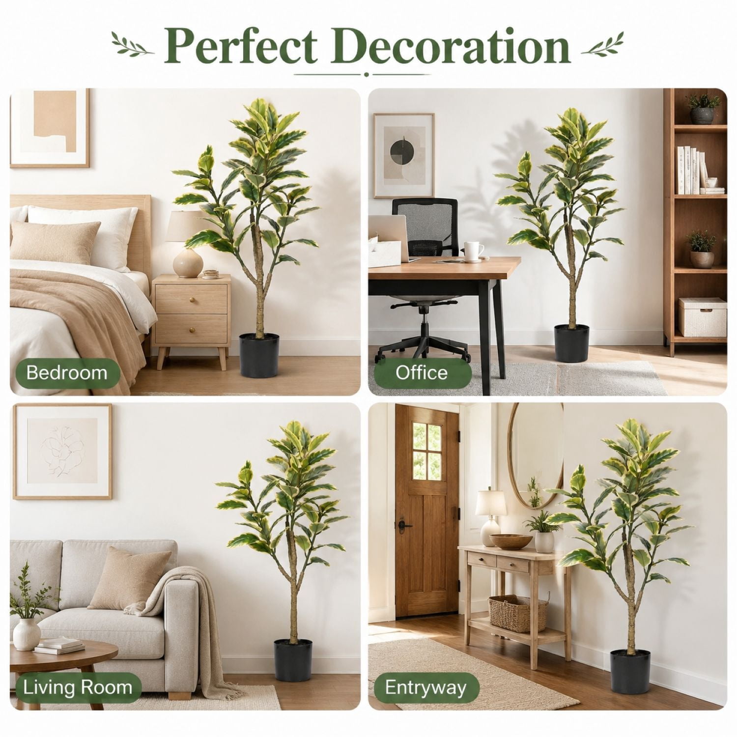 Easy4Home 5FT Artificial Variegated Rubber Plant Faux Ficus Elastica Tineke Tree Potted Indoor Floor Plant - Simple Assembly Needed