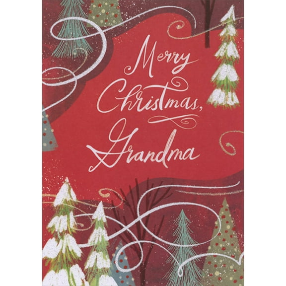 Designer Greetings Swirling White Glitter Lines and Tall Sparkling Snow Covered Trees on Dark Red Christmas Card for Grandma