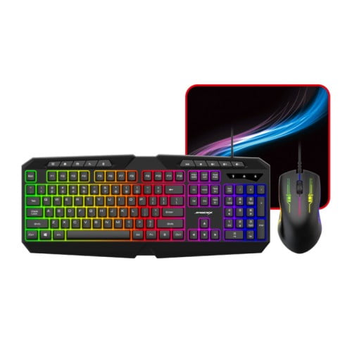 Speedex 3-in-1 Multimedia Gaming Combo – RGB Backlit Wired Keyboard, High-Precision Mouse & Cloth Surface Mouse Pad – Black