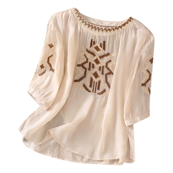 Womens Summer Tops Vintage Long Sleeve Floral Embroidered Print Fashion T Shirts Crew Neck Vacation Tee 2026
