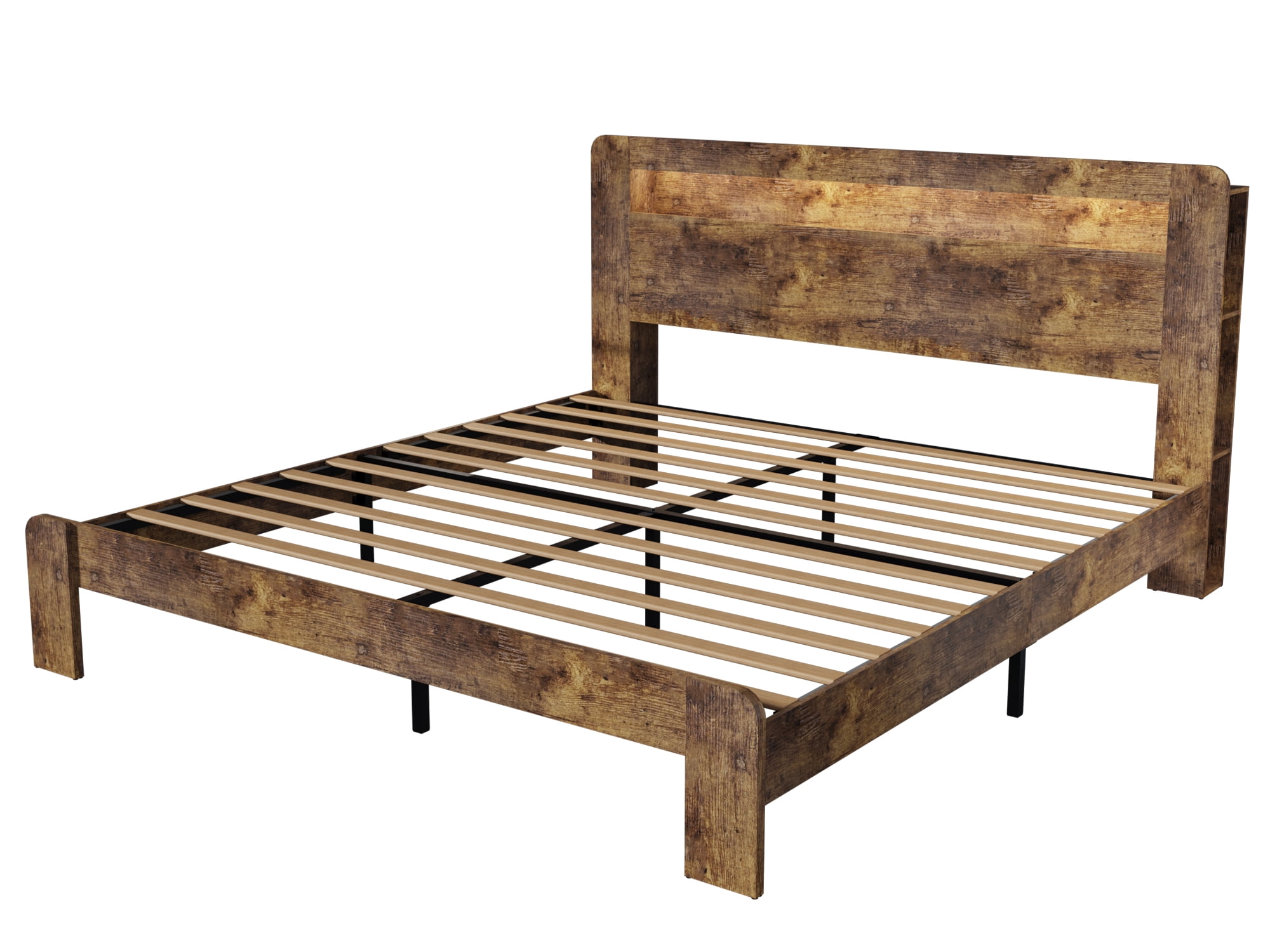 Wooden King Bed Frame with Storage Headboard, Modern Rustic Farmhouse Platform Bed with Charging Station, LED Light, No Box Spring Needed, Noise Free, Easy Assembly, Vintage Brown