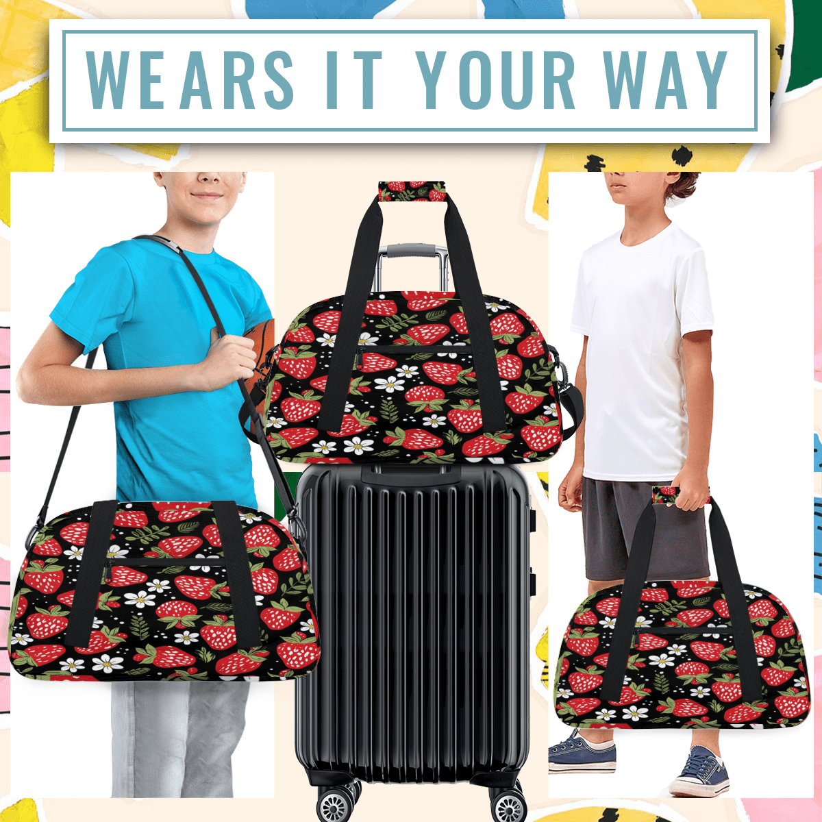 Herdesigns Strawberry Sports Duffle Bag for Women & Men, Gym Bag Dance Bag Overnight Bag Carry On Weekender Travel Bag