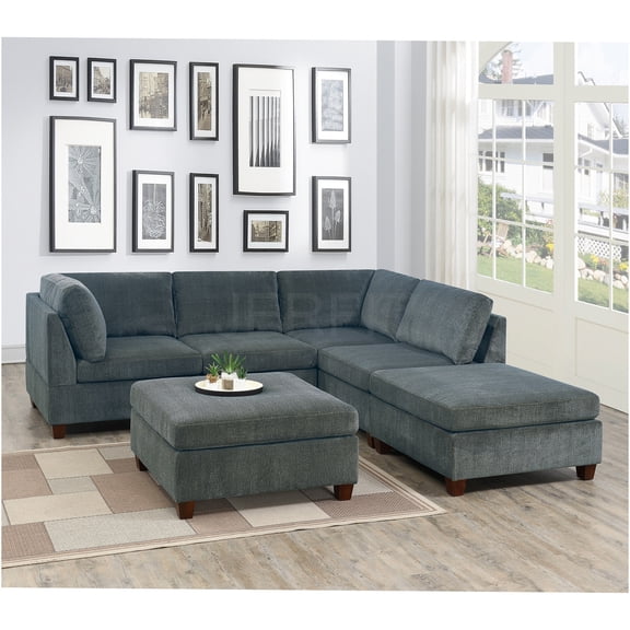 JERFIT 6-Piece Grey Chenille Modular Sectional Sofa Set with Ottomans, L-Shaped Couch for Modern Living Room