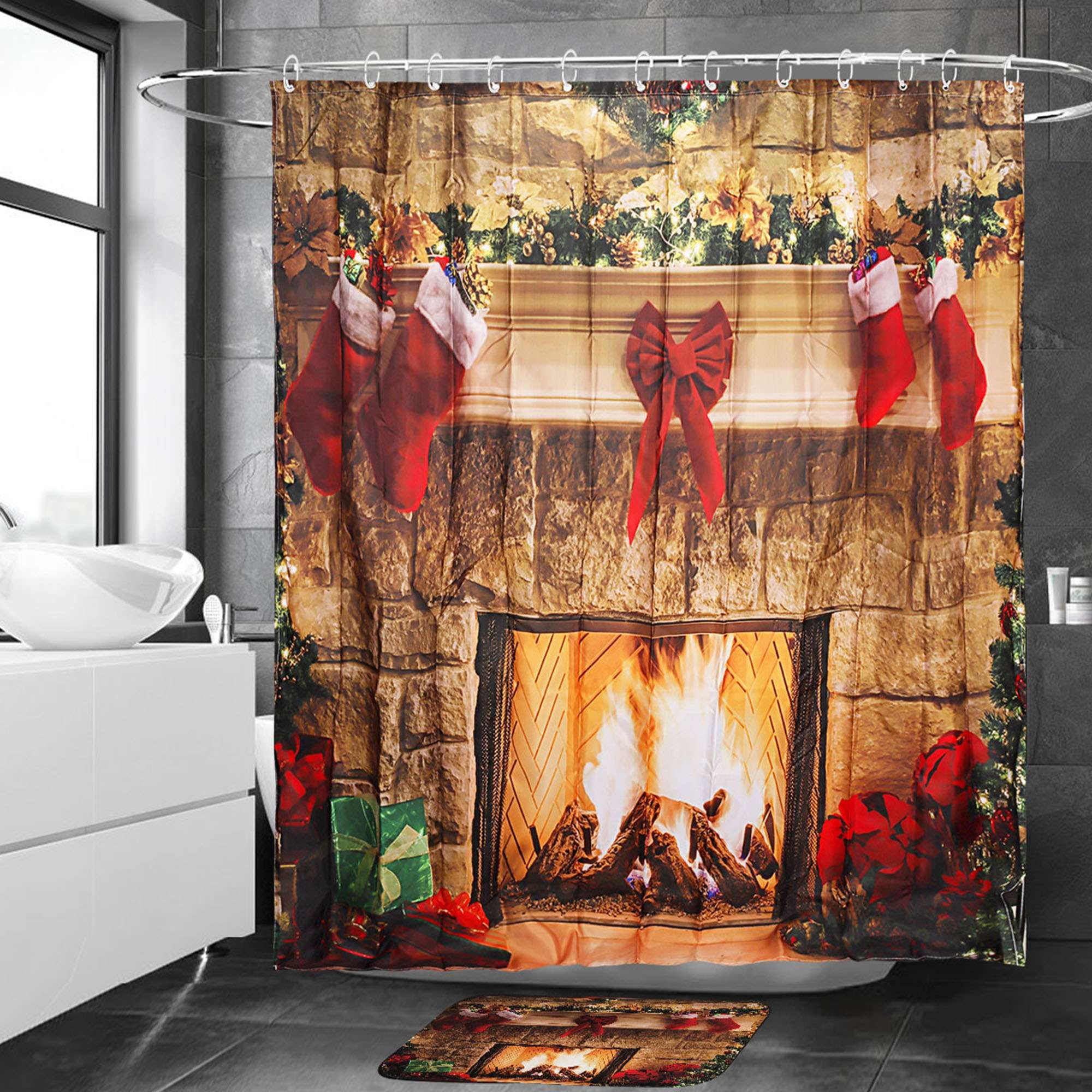 Gustave 4 Pcs Christmas Bathroom Sets with Non-Slip Bath Mat Rugs Toilet Lid Cover Waterproof Shower Curtain with 12 Hooks for Bathroom Home Decor