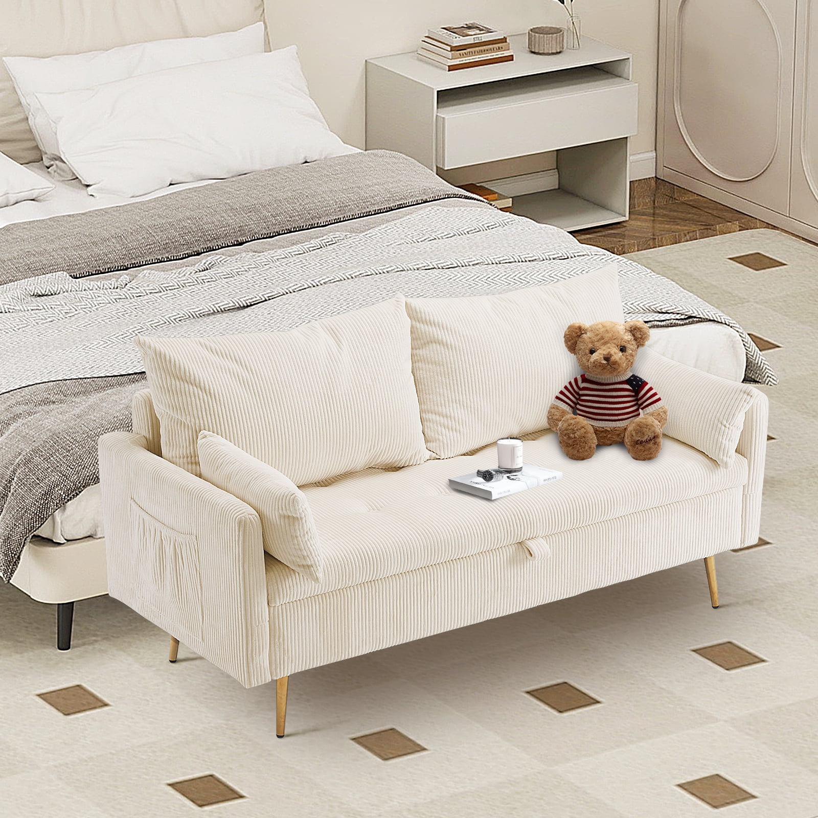 Furniliving Loveseat Sofa with Storage, Modern Upholstered Love Seat, Comfy Sofa Couch for Living Room, Bedroom, Beige