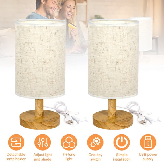 2 Packs Wooden Base Table Lamp with Linen Shade, 3 Color Modes & Dimmable Bedside Lamp, USB Powered, Detachable Fabric Shade, for Bedroom, Living Room, Office