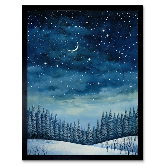 Clear Sky Starry Night in Forest Covered with Snow Oil Painting Crescent Moon Winter Landscape Art Print Framed Poster Wall Decor 12x16 inch