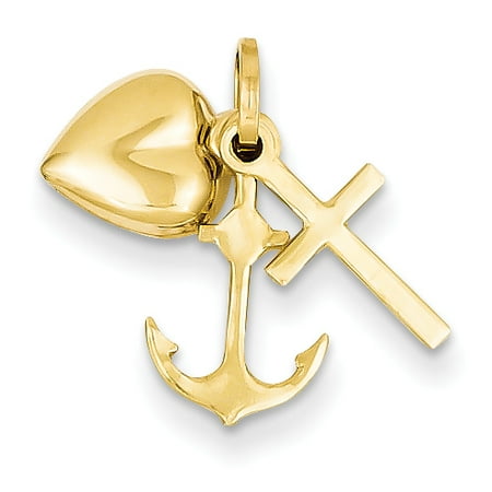 14k Nautical Charm 14k Yellow Gold Heart Cross Religious Nautical Anchor Ship Wheel Mariners Pendant Charm Necklace Love With Gifts For Women For Her ()