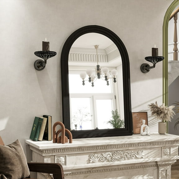Anyrose 36.2"x24" Arch Wooden Framed Vanity Bathroom Mirror, Black