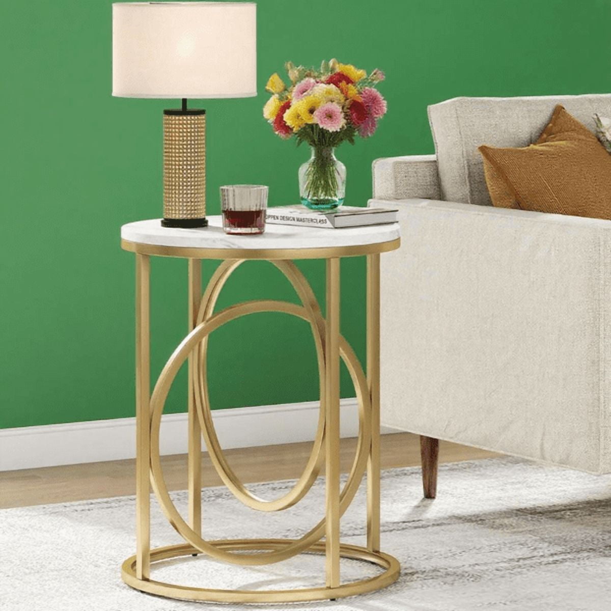 Round Gold Side Table with White Marble Top, O-Shaped Metal Frame for Living Room/Bedroom/Nightstand