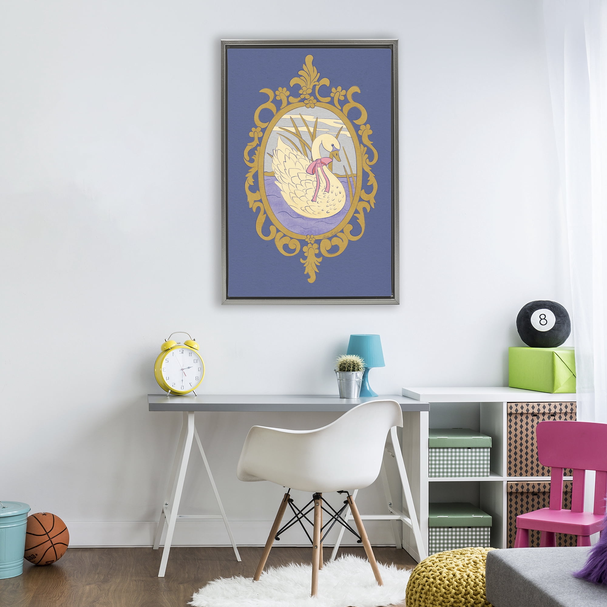 Stupell Industries Swan and Ornate Pattern Gray Framed Floater Canvas Wall Art, design by Carrie Cantwell