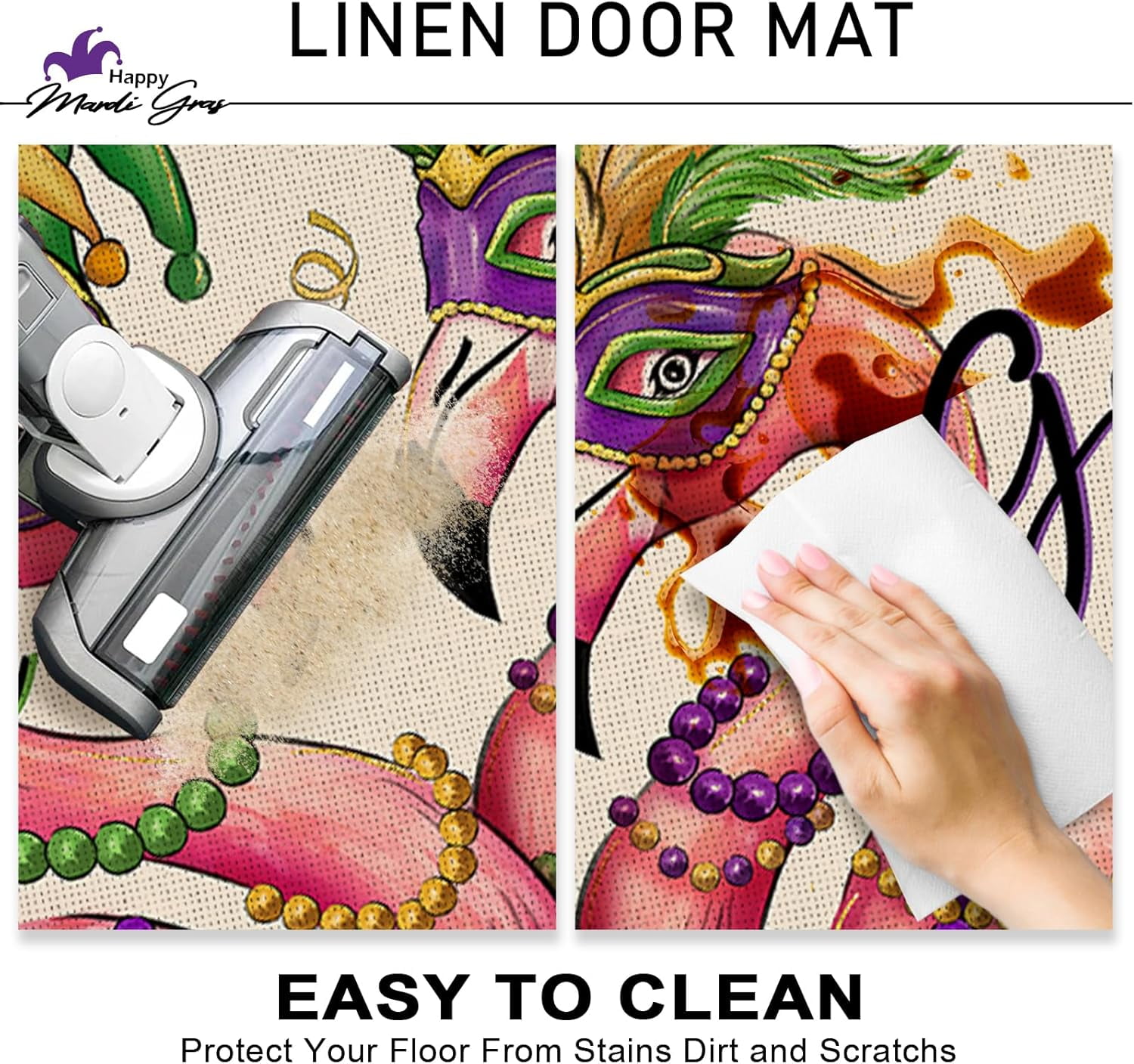 Mardi Gras Flamingo Decorative Front Door Mat, Mask Feather New Orleans Carnival Doormat Indoor Outdoor Non-Slip Floor Entryway Rug, Beads Masquerade Holiday Home Kitchen Decoration 17x30 Inch