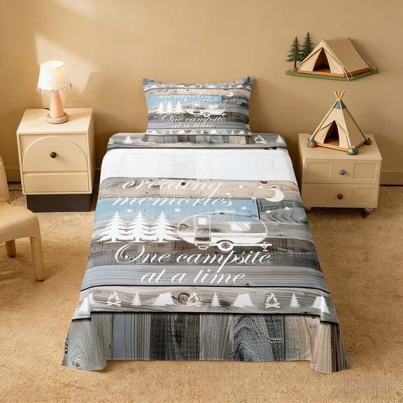 Erosebridal Gray Blue Wood Camper RV Print Twin Sheet Sets, Farmhouse Camping Bedding for Kids Boys and Girls, 1 Flat Sheet, 1 Fitted Sheet and 1 Pillowcase