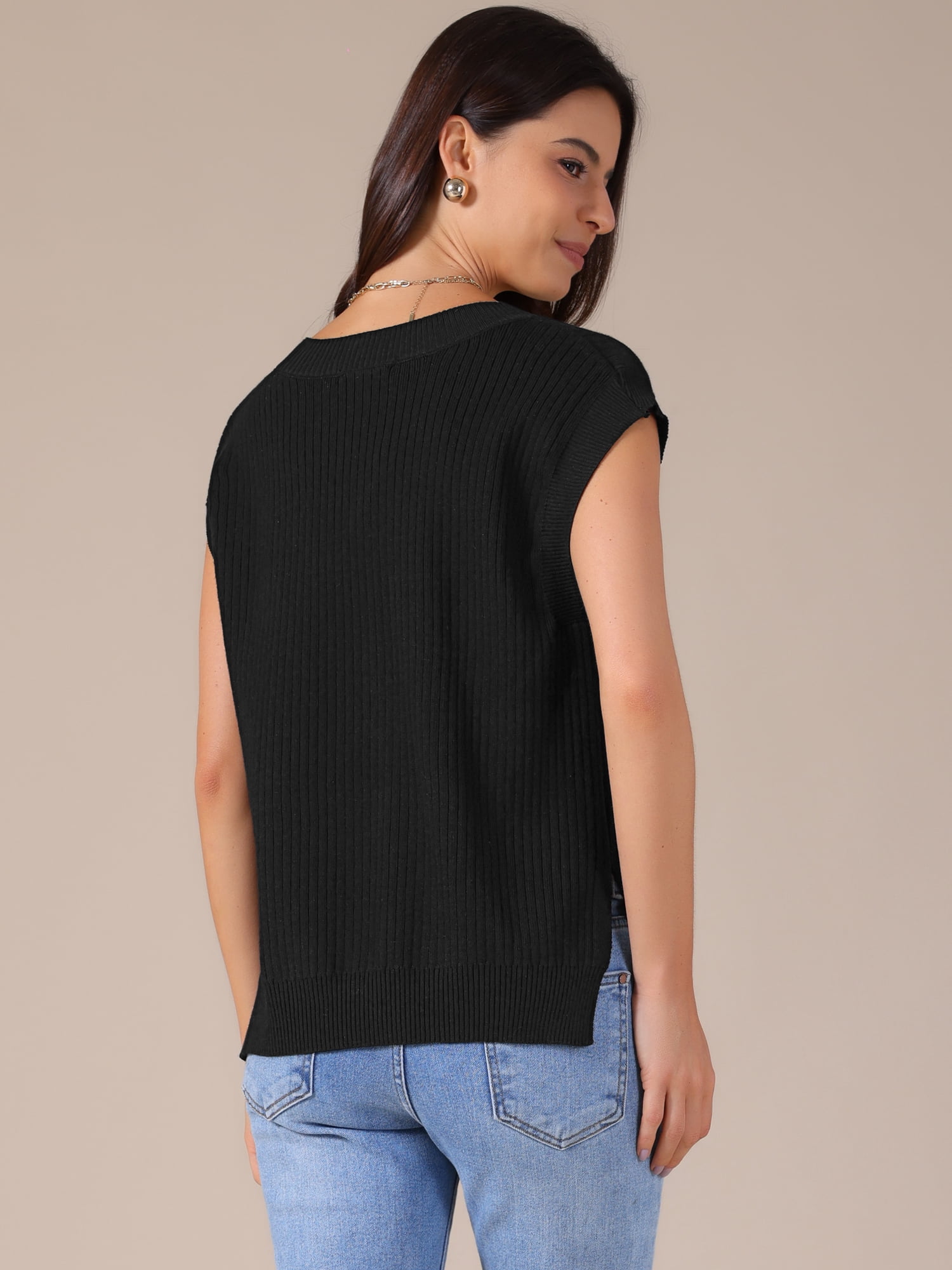 DARING DIVA Women's V Neck Ribbed Knit Sleeveless Pullover Sweater Vest M Black