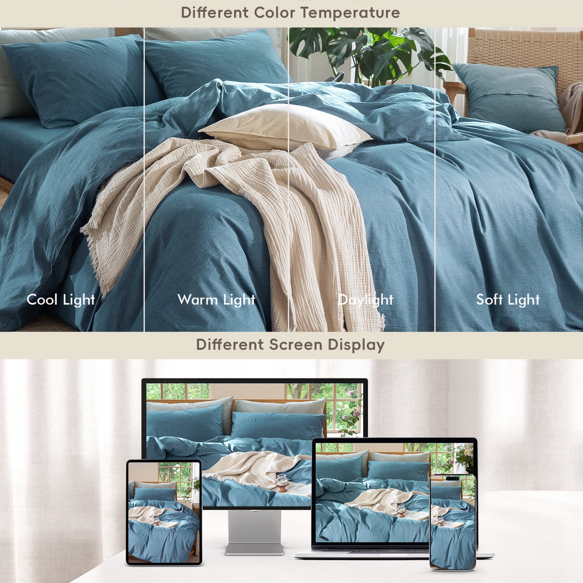 MooMee Duvet Cover Set Full 100% Washed Cotton Linen Like Textured Breathable Lightweight 3-Piece (Peacock Blue, 80"x90")