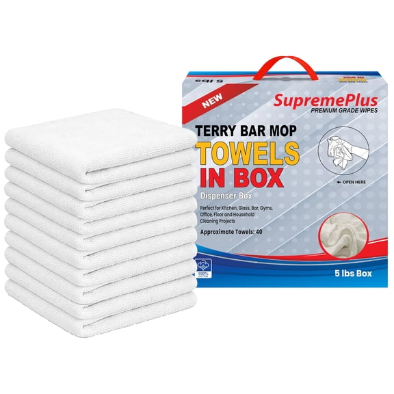 SupremePlus Terry Cleaning Rags 5 lbs Compressed Box 14" x 17" White 100% Cotton Bar Mop Towels (40 Count)