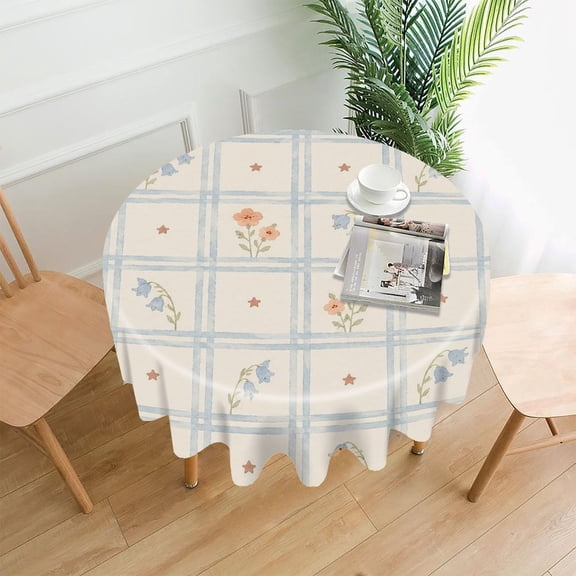 RKSupls 60 Inch Round Tablecloth, Pastel Wildflower Grid Premium Polyester Straight Edge Wrinkle Resistant Washable Table Cover for Party Home Dining Decor