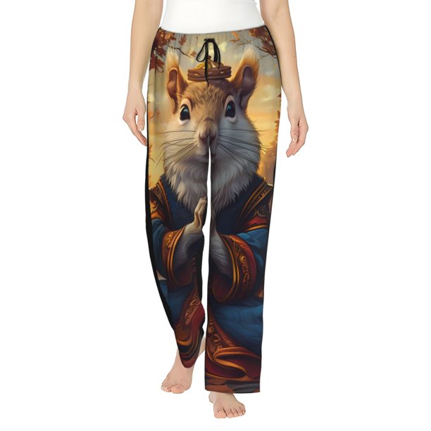 Fotbe Maple Leaf Meditating Squirrel Pantalones de Pijama para Mujer, Pantalones de Dormir, Pantalones Pj con Cordón y Bolsillos-Medium