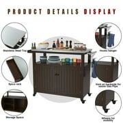 GLDF Outdoor Prep Table Grill Station, Solid Wood Movable Dining Cart Table, Dark Brown
