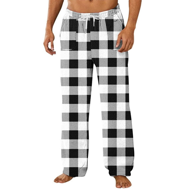 Men's Flannel Plaid Lounge Pajama Pants - Straight Leg Elastic Drawstring Waist Bottoms, Soft Cotton Checkered Sleep/Lounge Pants with Deep Side Pockets