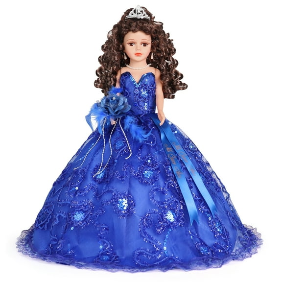 Porcelain Quinceañera Umbrella Doll in Royal Blue (Quince Años) Centerpiece & Decoration