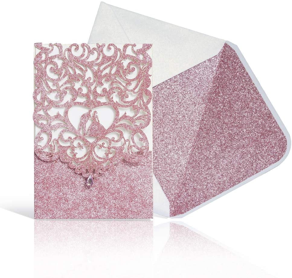 Laser Cut Wedding Invitations With Envelopes With Blank Printable Paper  -25pcs Pink Glitter 4.7'' x 7' Wedding invites Cards With Rhinestone  kits,White+Pink Glitter Envelopes for Wedding Bridal Shower - Walmart.com