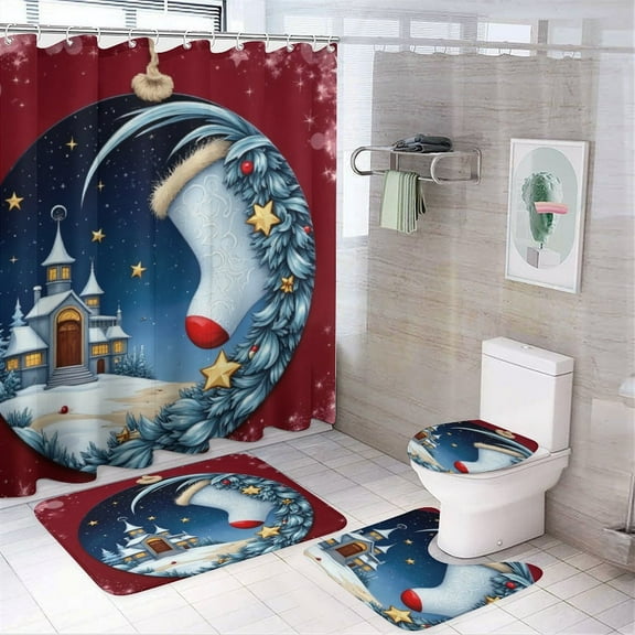 Christmas Village Scene Ornament Shower Curtain Set Modern Bathroom Decor Mats 4pcs Fabric Bathroom Curtain Slip Floor Rug Toilet Lid