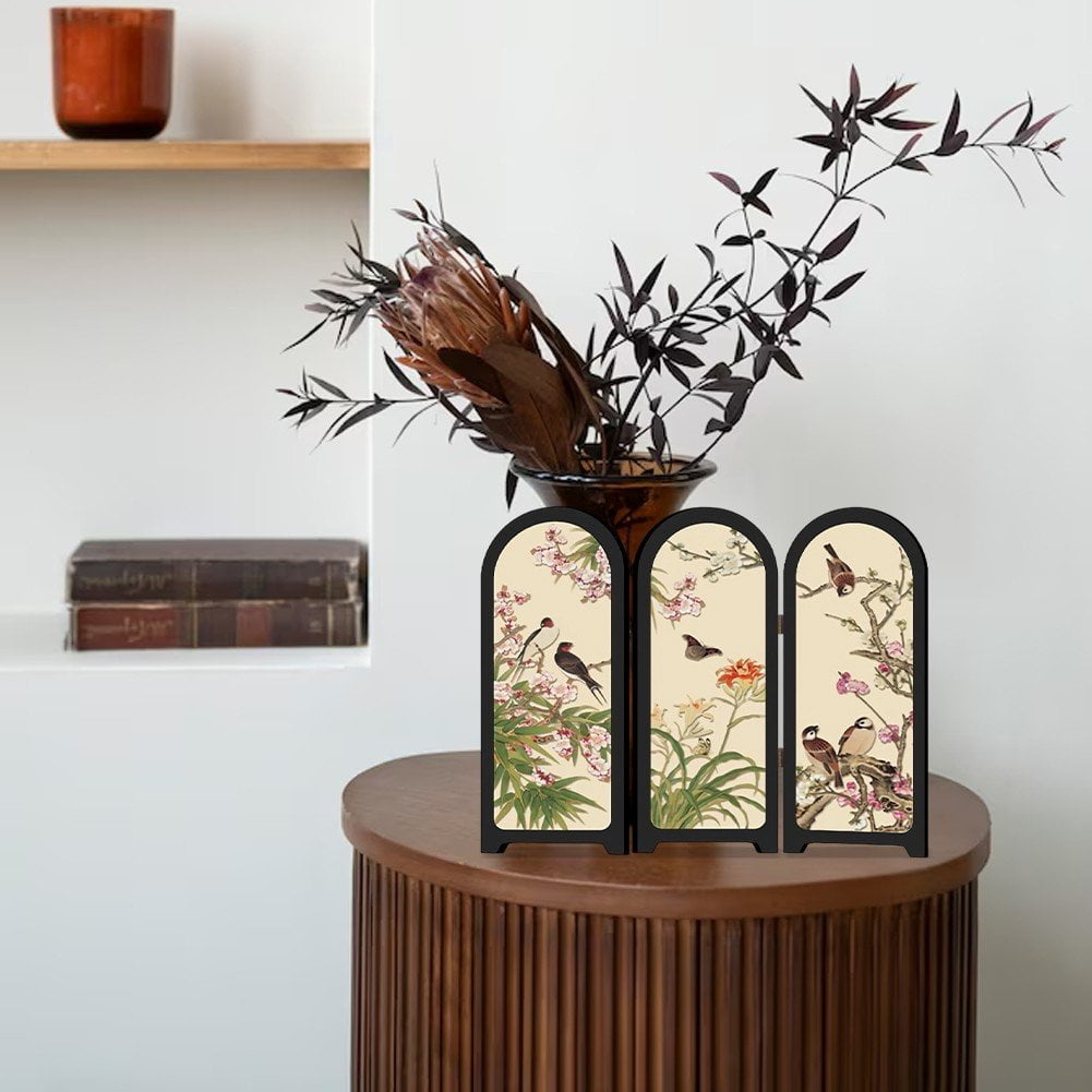 Jiibva Mini Folding Screen, 3 Panel Divider, Chinese Style Vintage Desktop Folding Screen Feng Shui Ornaments for Home Office New Year Decoration