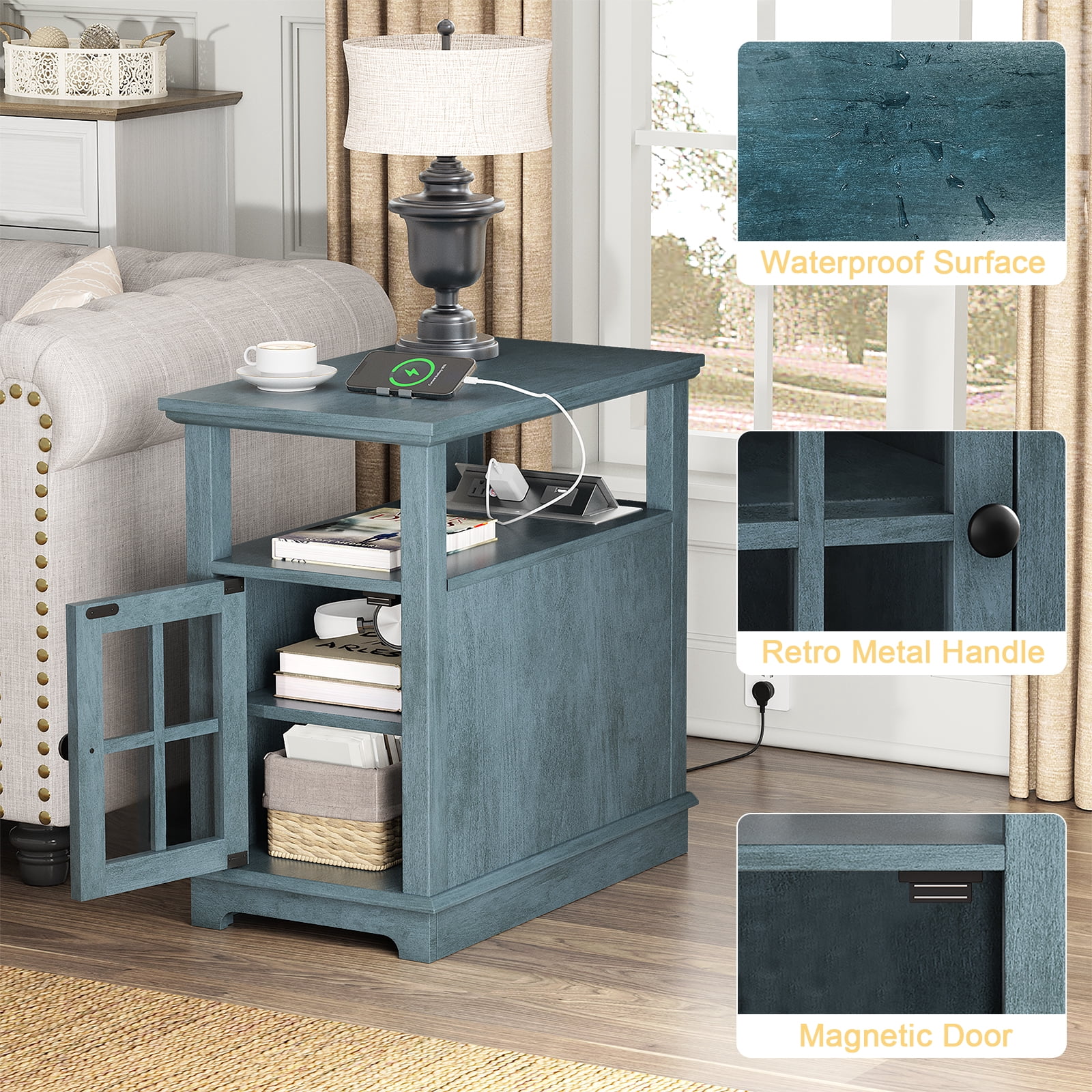 FAGAGA End Tables with Charging Station for Living Room, Wooden Nightstand for Bedroom, Blue