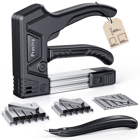 Staple Gun Self-Adjusting Heavy Duty, 2-in-1 Upholstery Staple Gun Kit with 1800 Staples, Staple Remover, Manual Brad Nailer with Specific Staples Outlet Position Indicator Black