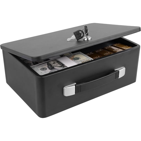 Fireproof Document Box with Key Lock, Portable Metal Safe Box with Carrying Handle to Secure , , Document, Passport, Size 12.7 x 8.7 x 4.6 Inch