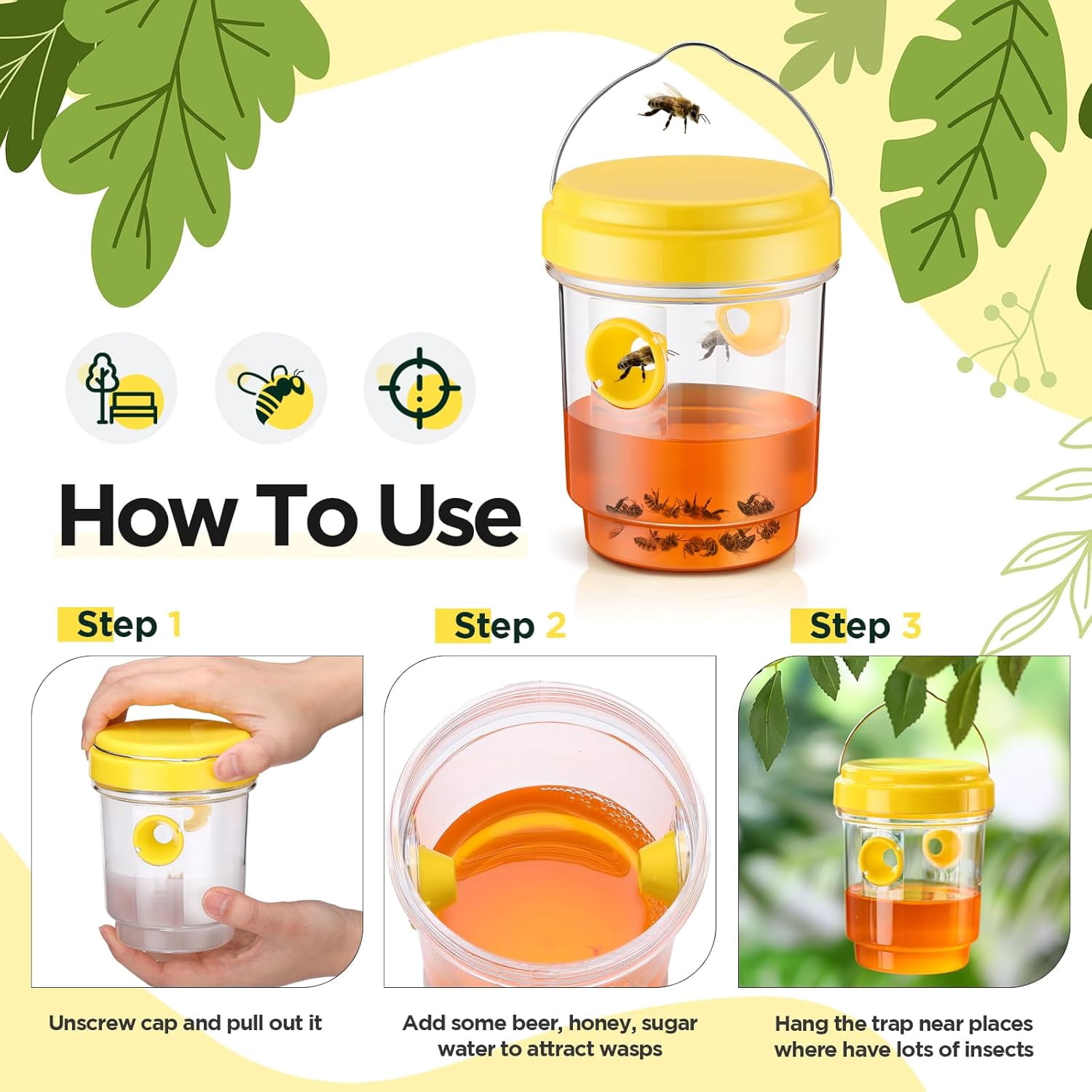 4-Pack Solar Wasp Traps Outdoor Hanging, Reusable Solar Bee Trap for Outside with LED Light, Hornet Traps, Bee Wasp Catcher Outside Garden, Yellow