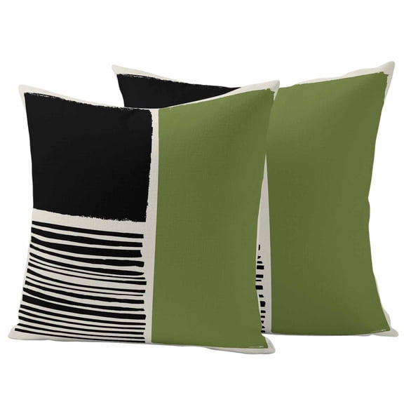 Pack of 2 Sage Green Black Outdoor Pillow Covers Decorative, Waterproof Pillow Protector, Farmhouse Striped Modern Abstract Art Throw Pillowcases Accent Cushion Cases for Patio Couch Sofa 16"x16"