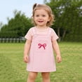 thumbnail image 2 of Shadoumai Toddler Baby Girl Skirt Set Solid Short Sleeve Ribbed Romper Bow Embroidery Overall Dress 2 Piece Summer Outfit 0-24M, 2 of 8