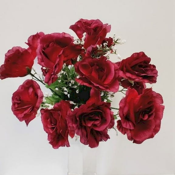14 Burgundy Open Roses Artificial Flowers