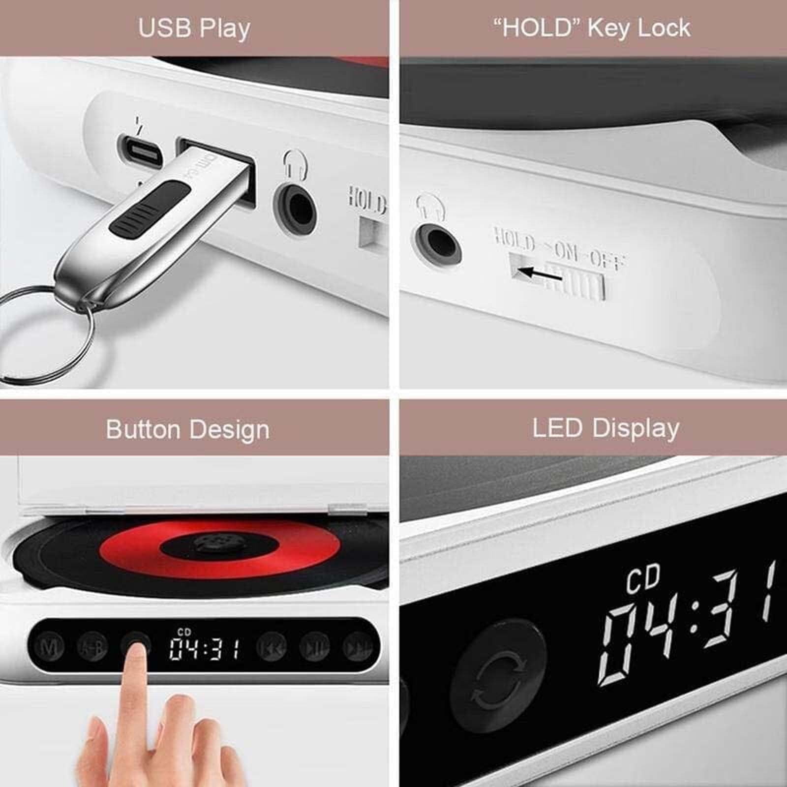 CD Player with Bluetooth, Rechargeable Compact CD Player Built-in HiFi Speakers, Portable CD Player for Home/Car, Supports CD/AUX/USB and Repeat Modes, Headphones, LCD Screen
