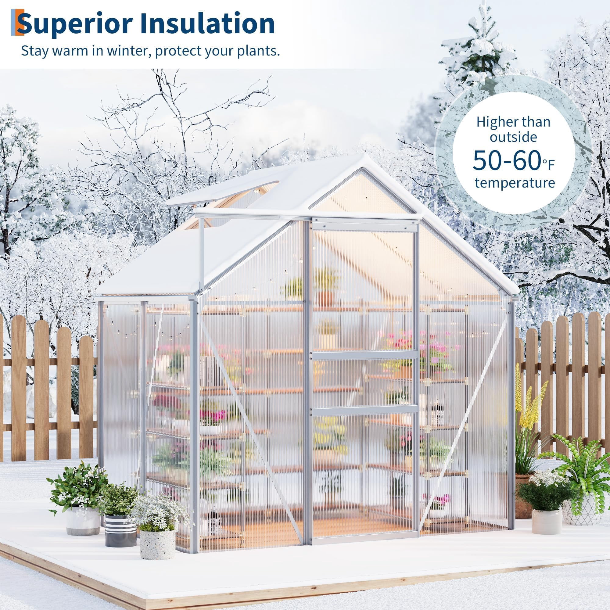 6x4 FT Greenhouse Kit for Outdoors – Durable Aluminum Frame, Sliding Lockable Door, Adjustable Roof Vent, Gutter System, Easy Assembly–Original Color