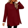 thumbnail image 2 of Women's Fleece Lined Crewneck Sweatshirt, Longline Plush Pullover with Side Slits, Cozy Loungewear Top for Fall Winter, Comfortable Casual Wearfor Home Relaxation and Outdoor Activities Red L, 2 of 5