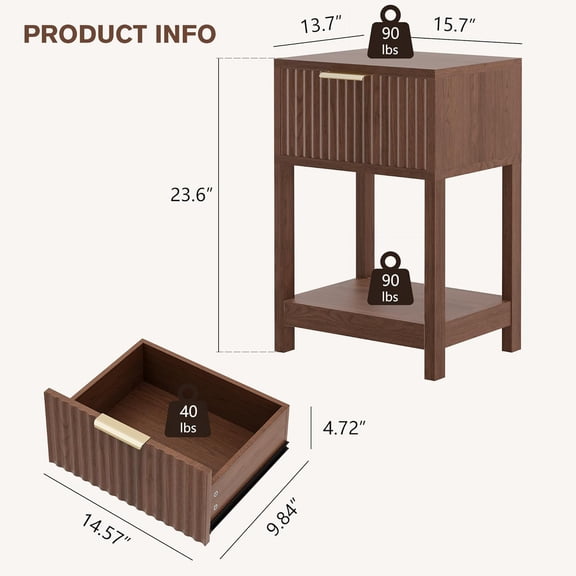 Nightstands Set of 2, Mid Modern Bedside Table with Drawer and Opening Storage, Wood End Table for Living Room Fluted Night Stand with Solid Wood Legs for Bedroom, Walnut, 2pcs
