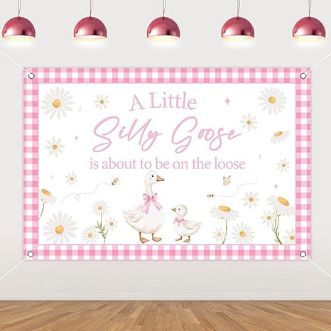 A Little Silly Goose is About to Be On The Loose Backdrop Banner 4.92 * 3.28ft Pink Silly Goose Baby Shower Decoration Cute Geese Daisy Gender Reveal Decor Fun Farm Animal Gingham Bow Party Supplies