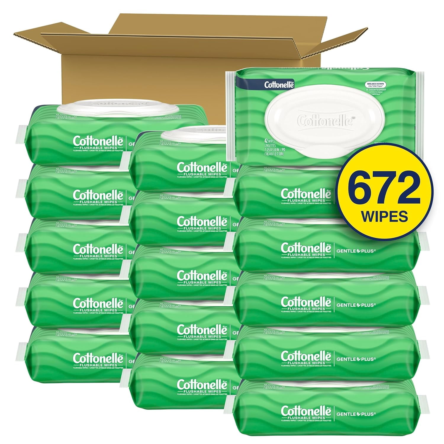 Cottonelle GentlePlus Flushable Wet Wipes with Aloe & Vitamin E, 16 Flip-Top Packs, 42 Wipes Per Pack (672 Total Wipes), Packaging May Vary