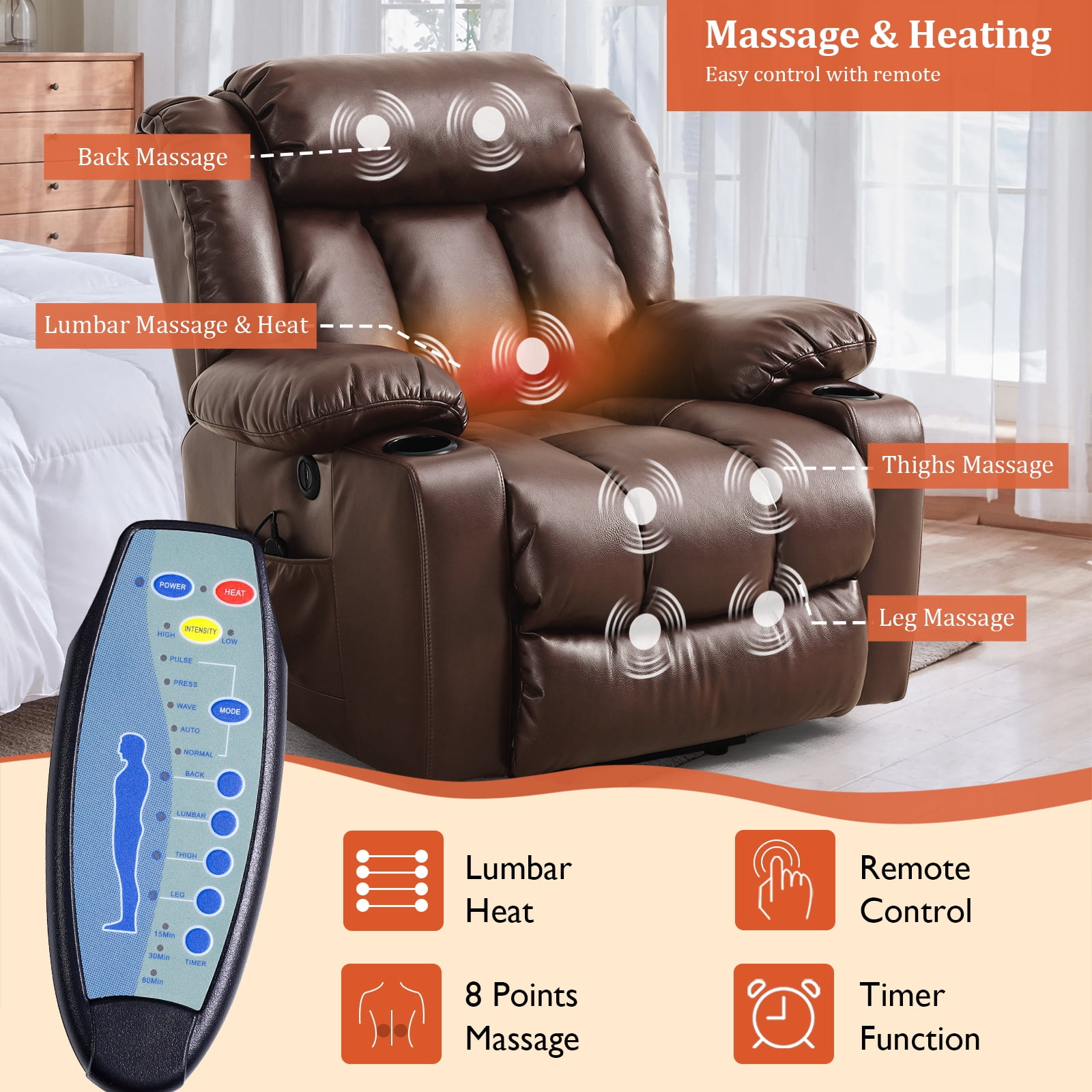 TEKAMON Large Power Lift Recliner Chair for Elderly with Heat and Massage Leather Electric Recliners Chair For Living Room with Cup Holders, Remote Control (Brown)