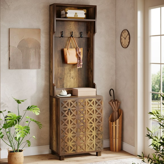 Tribesigns 3-in-1 Hall Tree, Farmhouse Hall Tree with Coat Rack, Top Storage and Shoe Cabinet for Entryway Hallway Bedroom Narrow