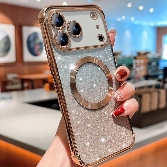 For iPhone 17 Pro Magnetic Phone Case,Compatible with MagSafe Charging,Gradient Color Bling Glitter Case for Women Girls,Luxury Plating Clear Soft TPU Shockproof Phone Cover,Gold